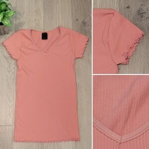 Spark Peach Pink Ribbed Cap Sleeve V-Neck T-Shirt with Lettuce Trim, Women's XS